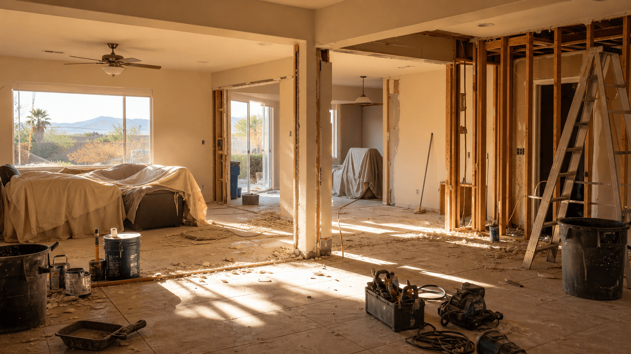 Las Vegas home mid-renovation with open walls and natural light