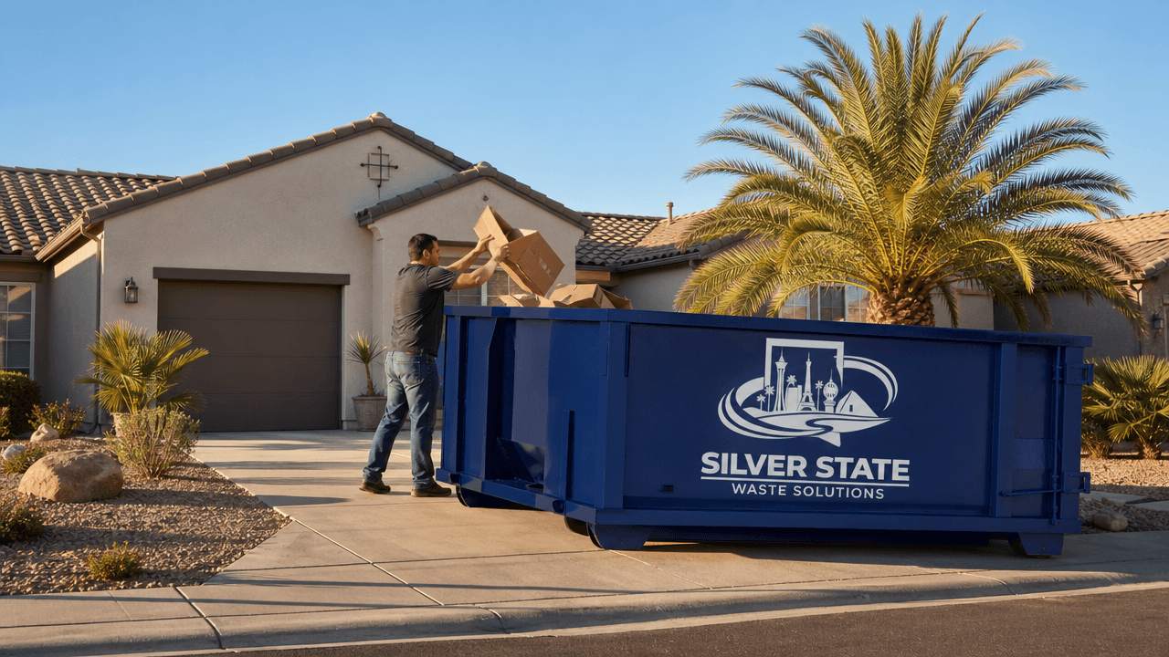 Silver State Waste Solutions dumpster in residential Las Vegas driveway