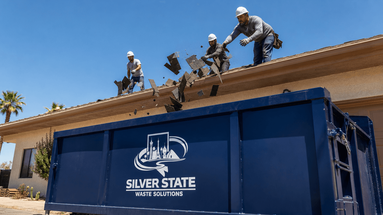 Roofers tossing shingles into Silver State Waste Solutions dumpster
